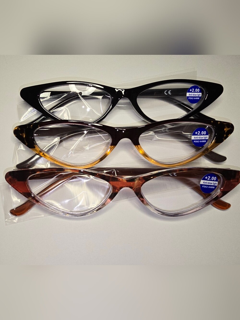 Three +2.00 Cat-Eye Readers Set With Cases And Cleaning Cloth